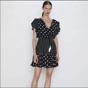 ZARA BLACK RUFFLE DRESS WITH CONTRAST POLKA DOT